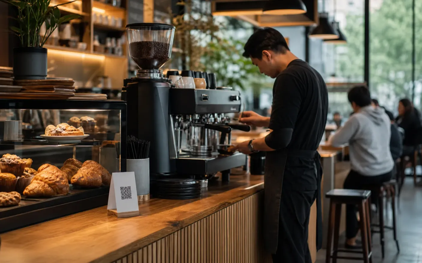 Cafés Gäste durchsuchen ein Telefonmenü