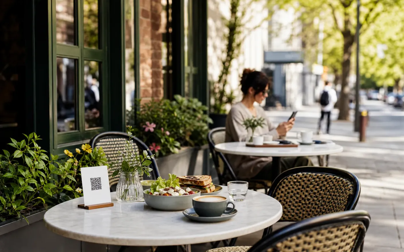 Café gasten die door een telefoonmenu bladeren