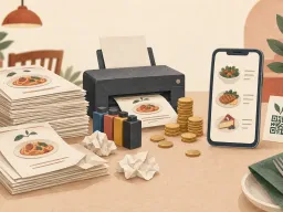 Printed menu stacks and coins beside a phone with a digital menu