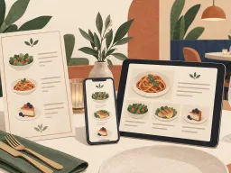 An online menu on a phone and tablet beside a paper menu