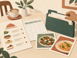 Menu sheets, a spreadsheet and food photos beside a folder on a cafe table