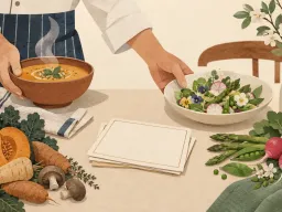 A seasonal salad and menu cards beside vegetables