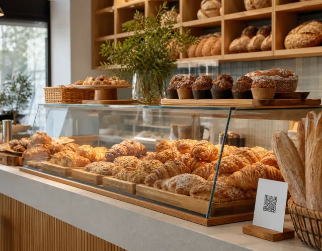 A guest opening a bakery menu from a QR code on a phone