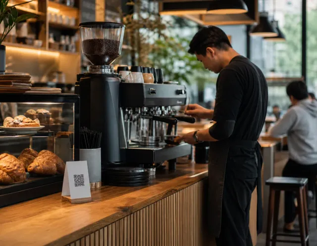 A guest opening a coffee shop menu from a QR code on a phone