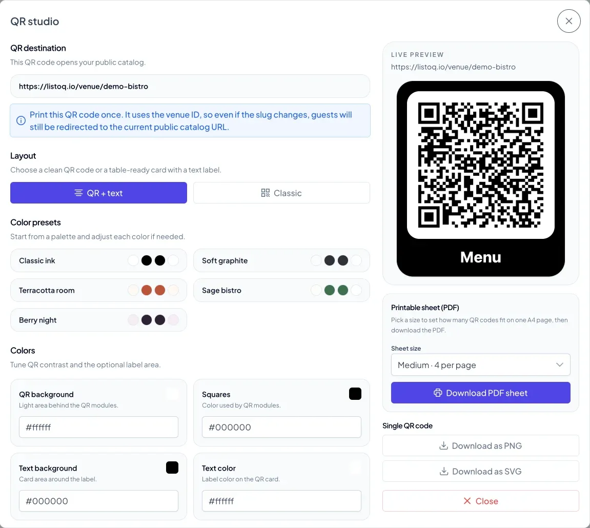 The ListoQ QR studio showing the destination link, layout and colour options next to a live preview of the generated code