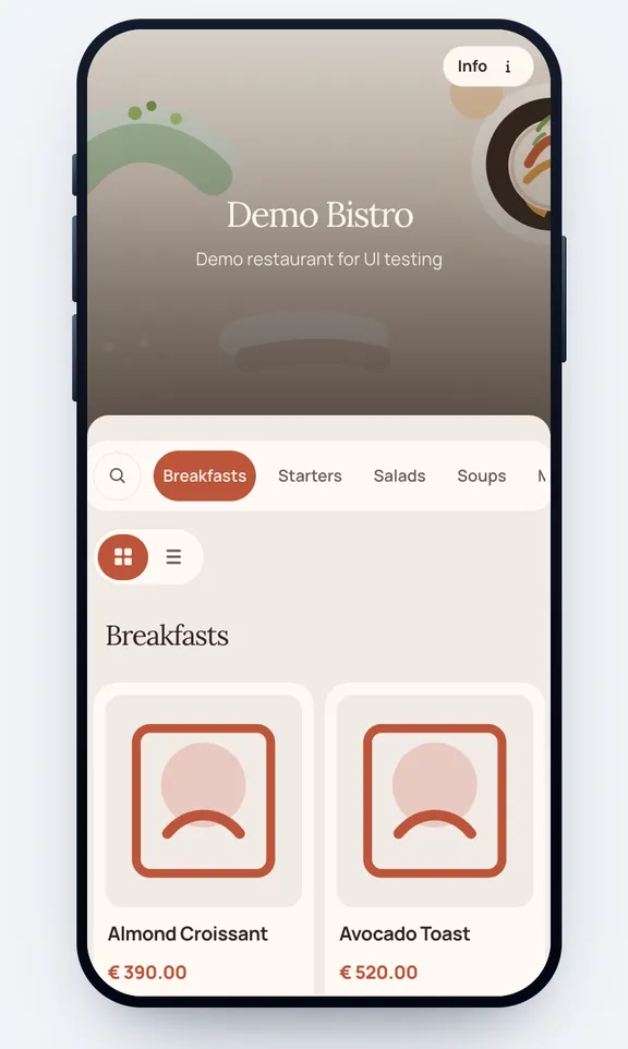 Mobile menu preview with dish cards and category navigation