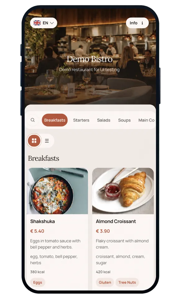 Mobile menu preview with dish cards and category navigation