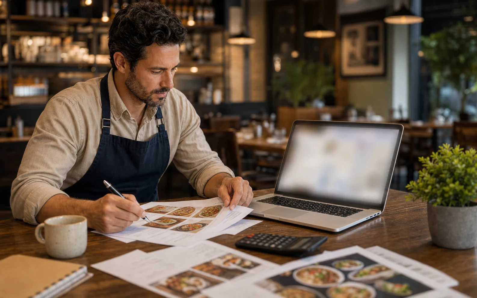 Restaurant owner reviewing menu and pricing figures on a laptop