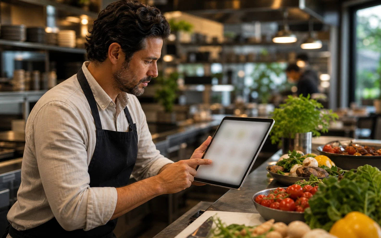 Responsable de Bares actualizando contenido del menú en una tablet